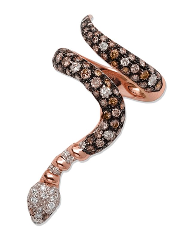 Magic Snake 18K Rose Gold Single-Coil Python Ring with Mixed Diamonds, Size 7